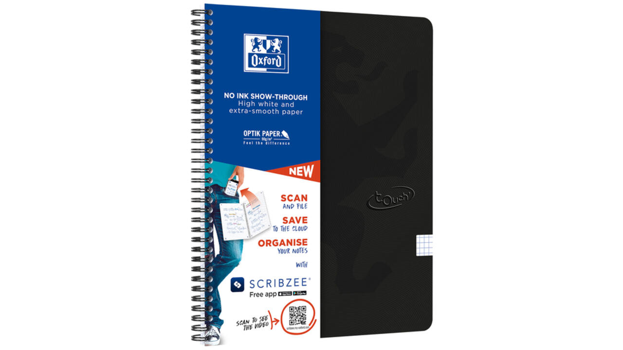 Spiraalblok Oxford Touch A4 ruit 5x5mm 140 pagina's 80gr zwart