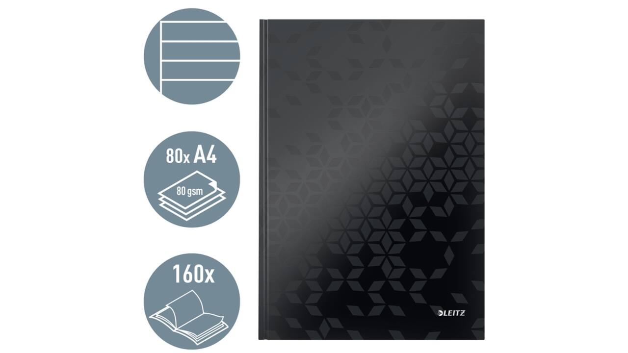 Notitieboek Leitz WOW A4 160blz 90gr lijn zwart
