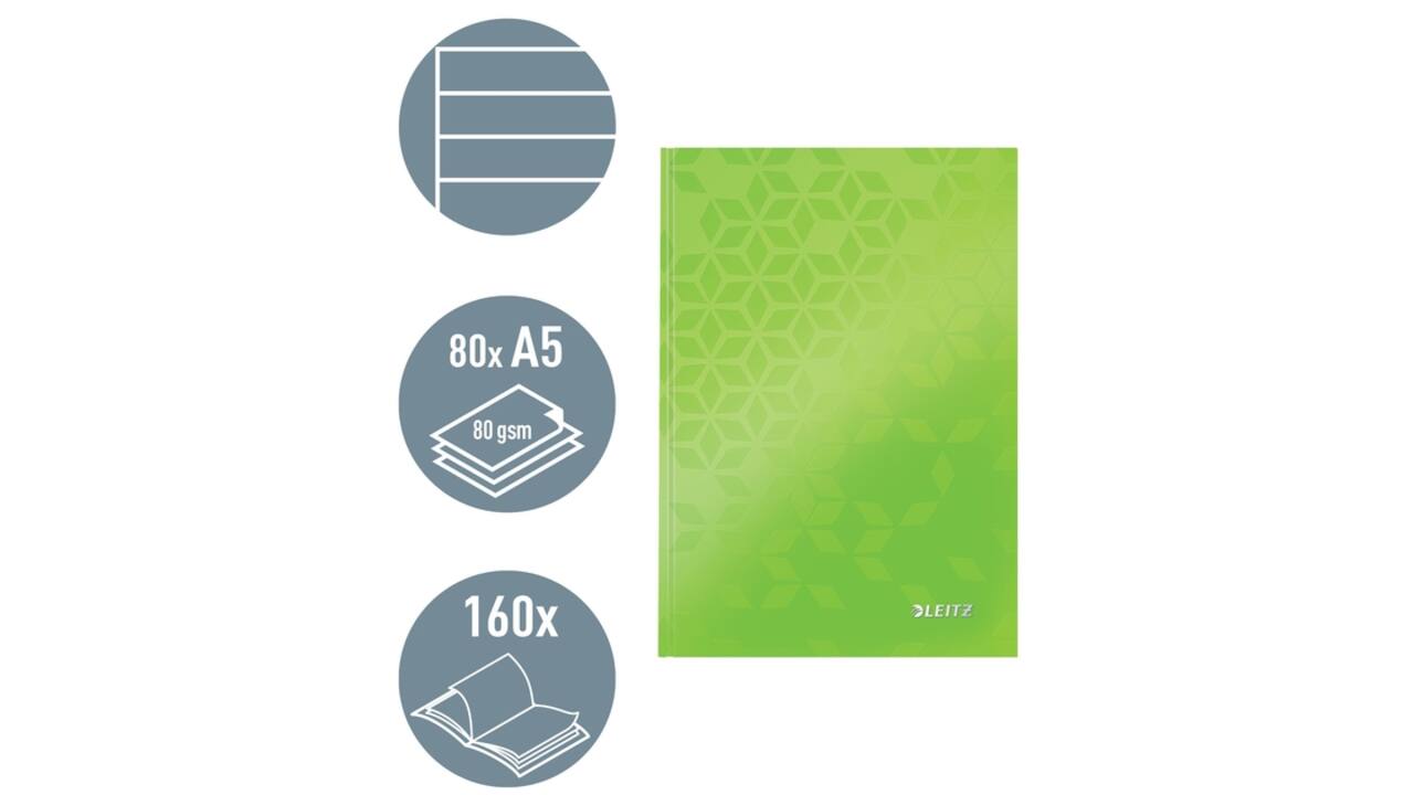 Notitieboek Leitz WOW A5 160blz 90gr lijn groen