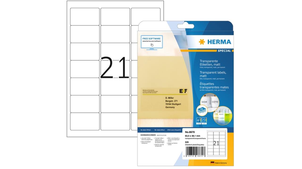 Etiket HERMA 8670 A4 63.5x38.1mm folie transparant mat 525st