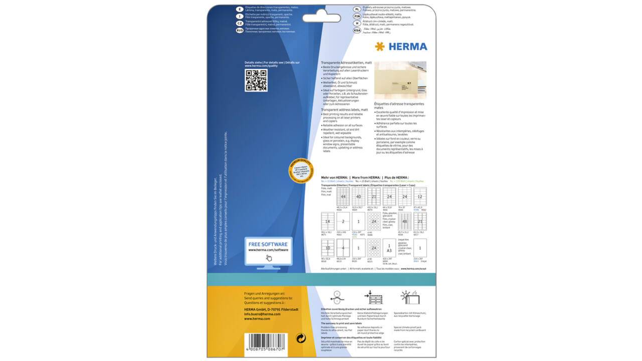Etiket HERMA 8670 A4 63.5x38.1mm folie transparant mat 525st
