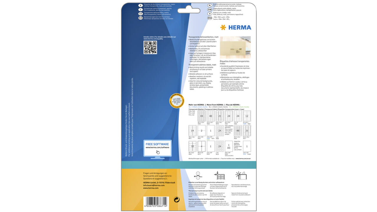 Etiket HERMA 8671 A4 99.1x38.1mm folie transparant mat 350st