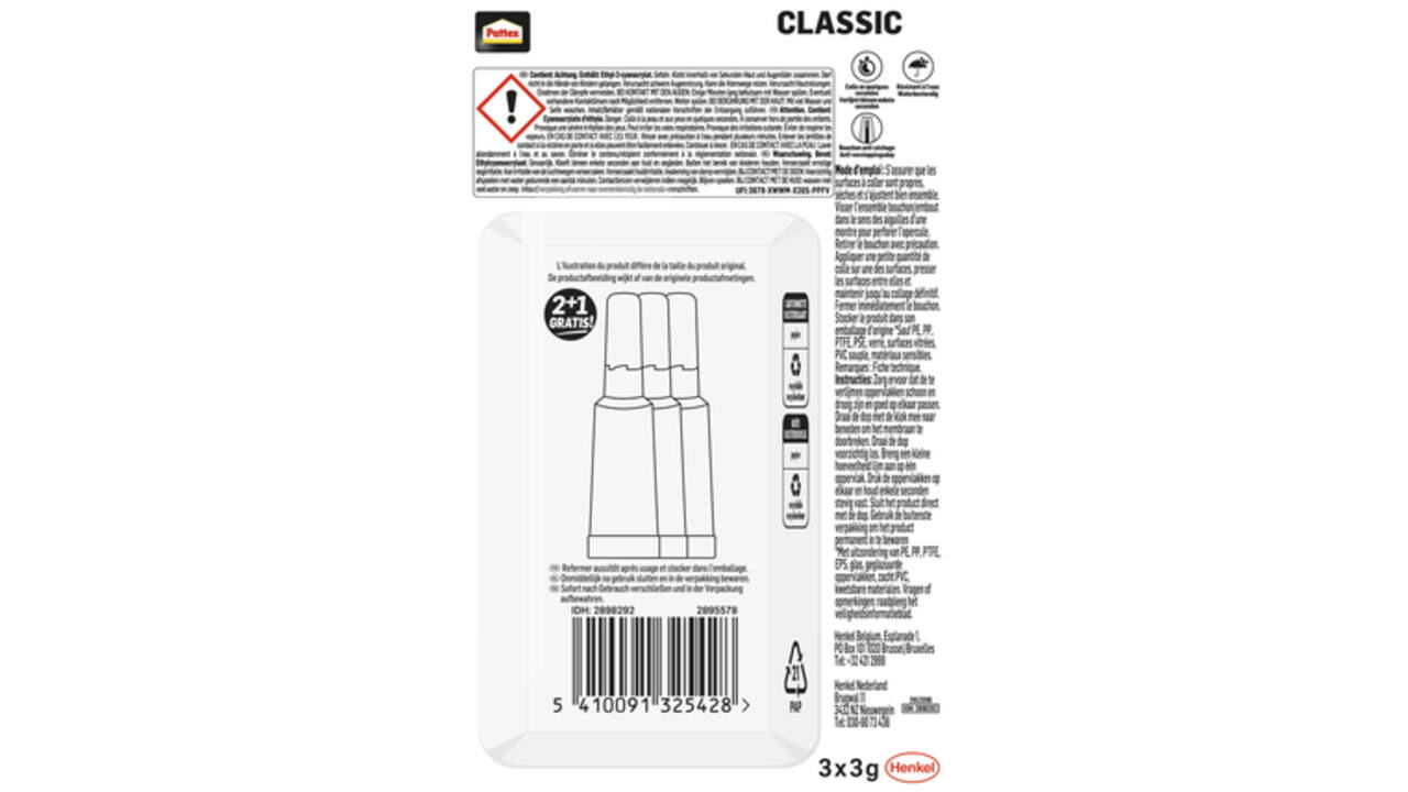 Secondelijm Pattex classic 3gr 2+1 gratis