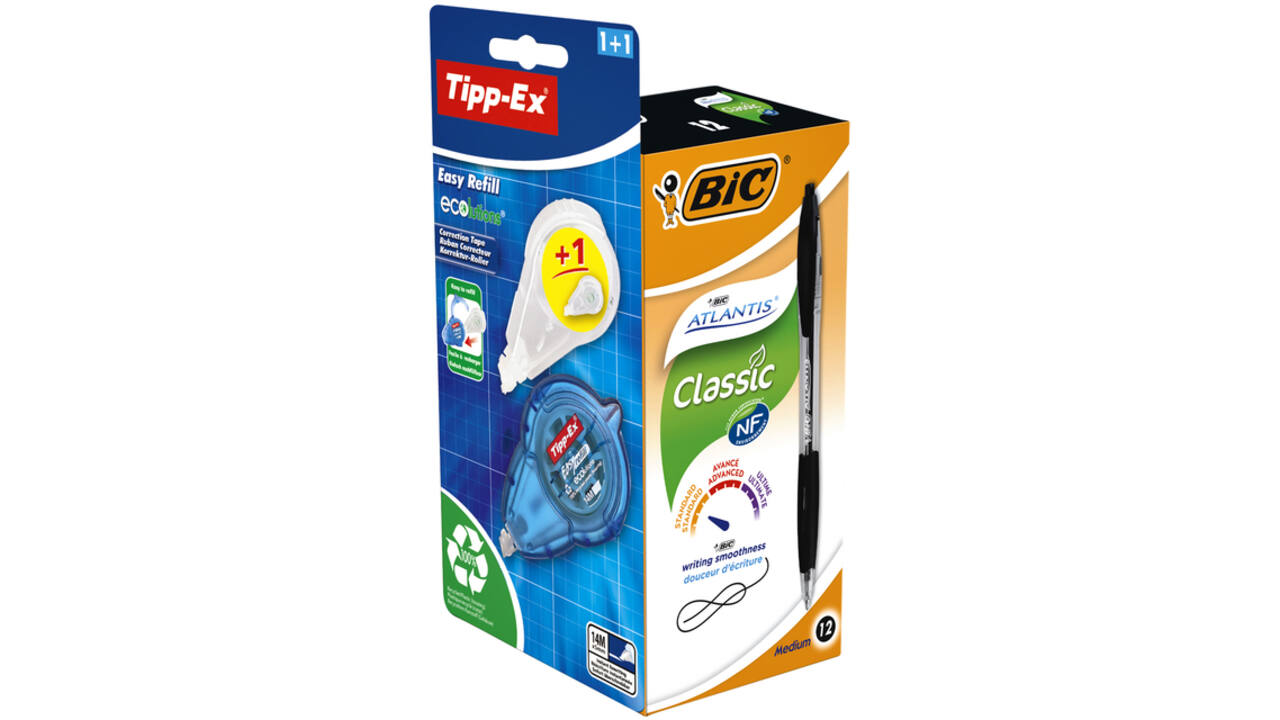 Balpen BIC Atlantis + gratis Tipp-Ex easy medium zwart doos à 12 stuks