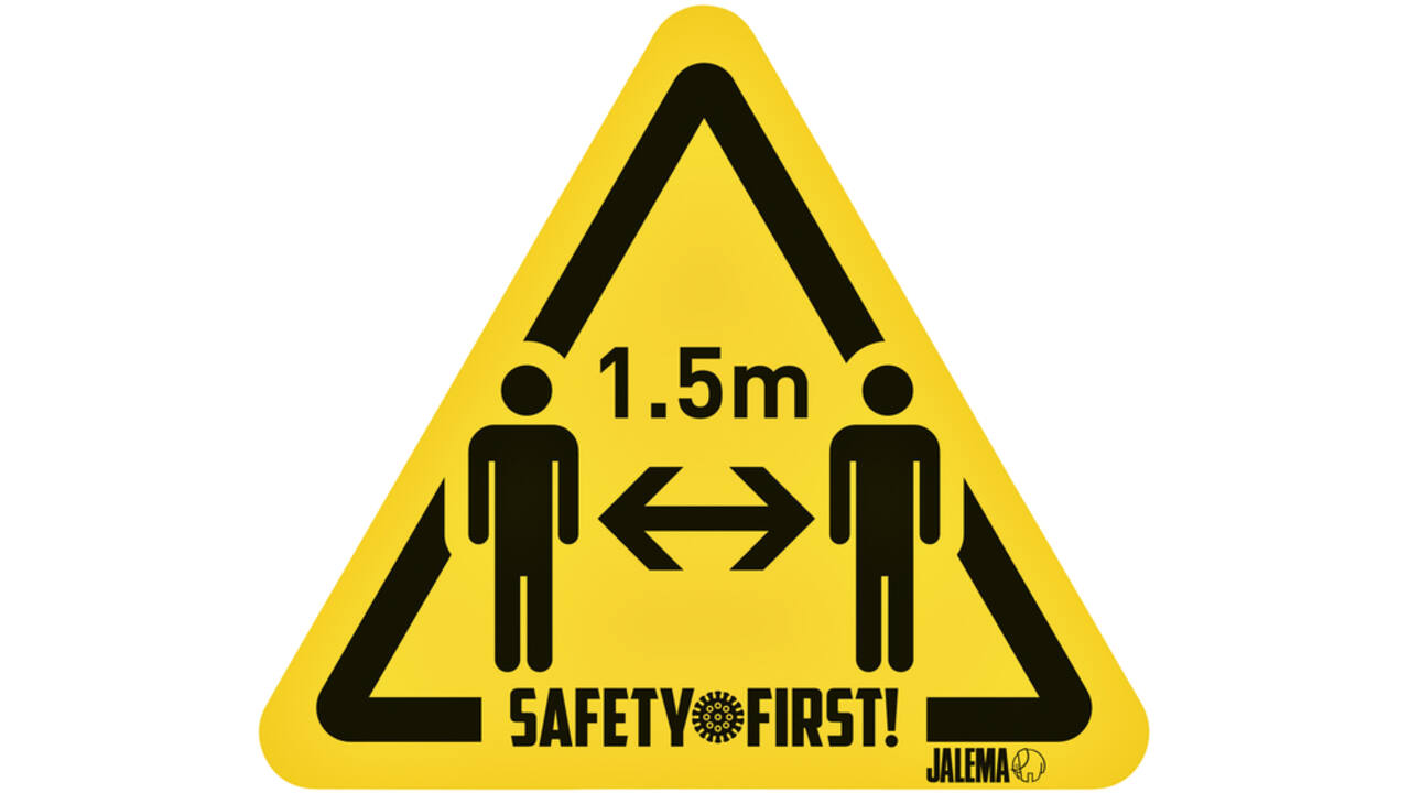 Waarschuwingssticker Djois houd afstand pijl 150 x 170 mm geel/zwart