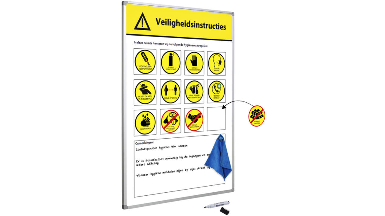 Veiligheidsbord Corona met wisselbare iconen Nederlandstalig 30x45cm