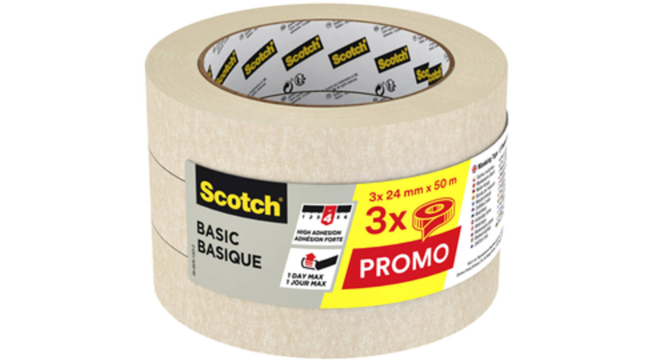 Afplaktape Scotch Basic 24mmx50m beige 3 rollen