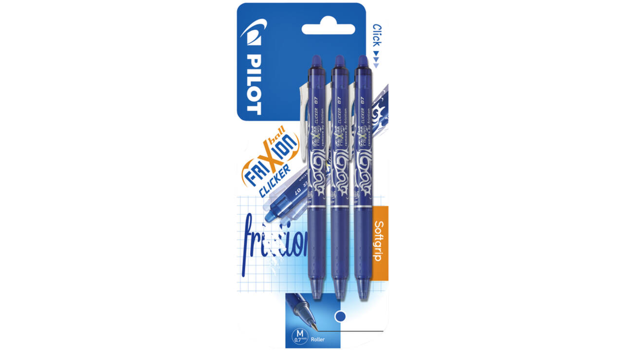 Rollerpen PILOT friXion clicker medium blauw blister à 3 stuks