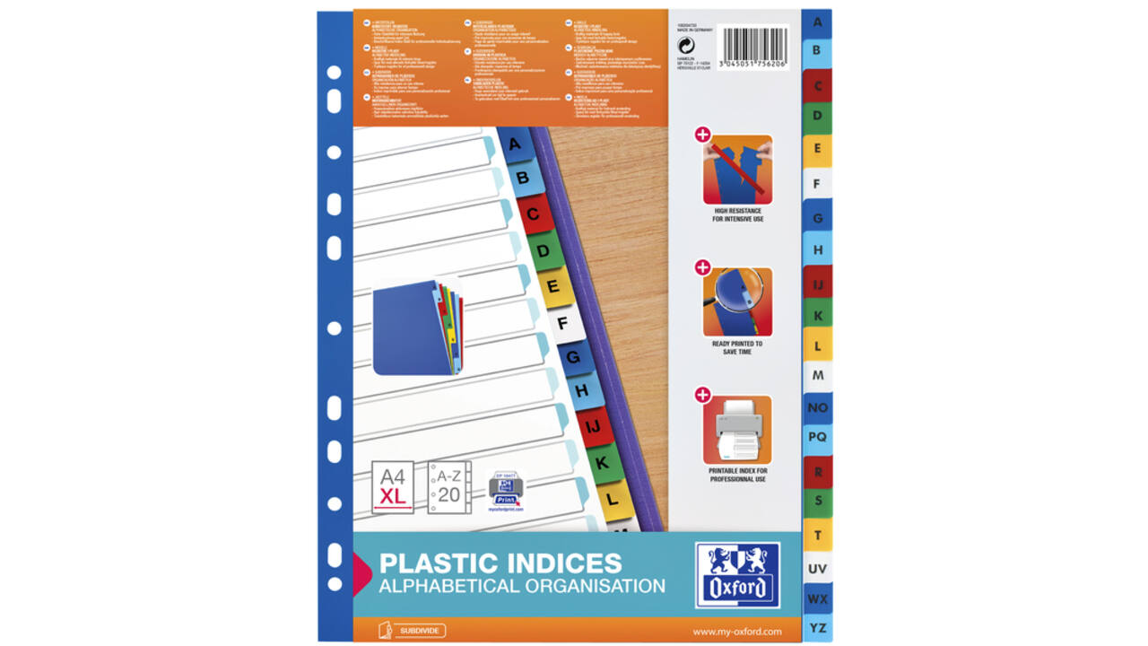 Tabbladen Oxford A4+ 11-gaats 20-delig A-Z PP kleur