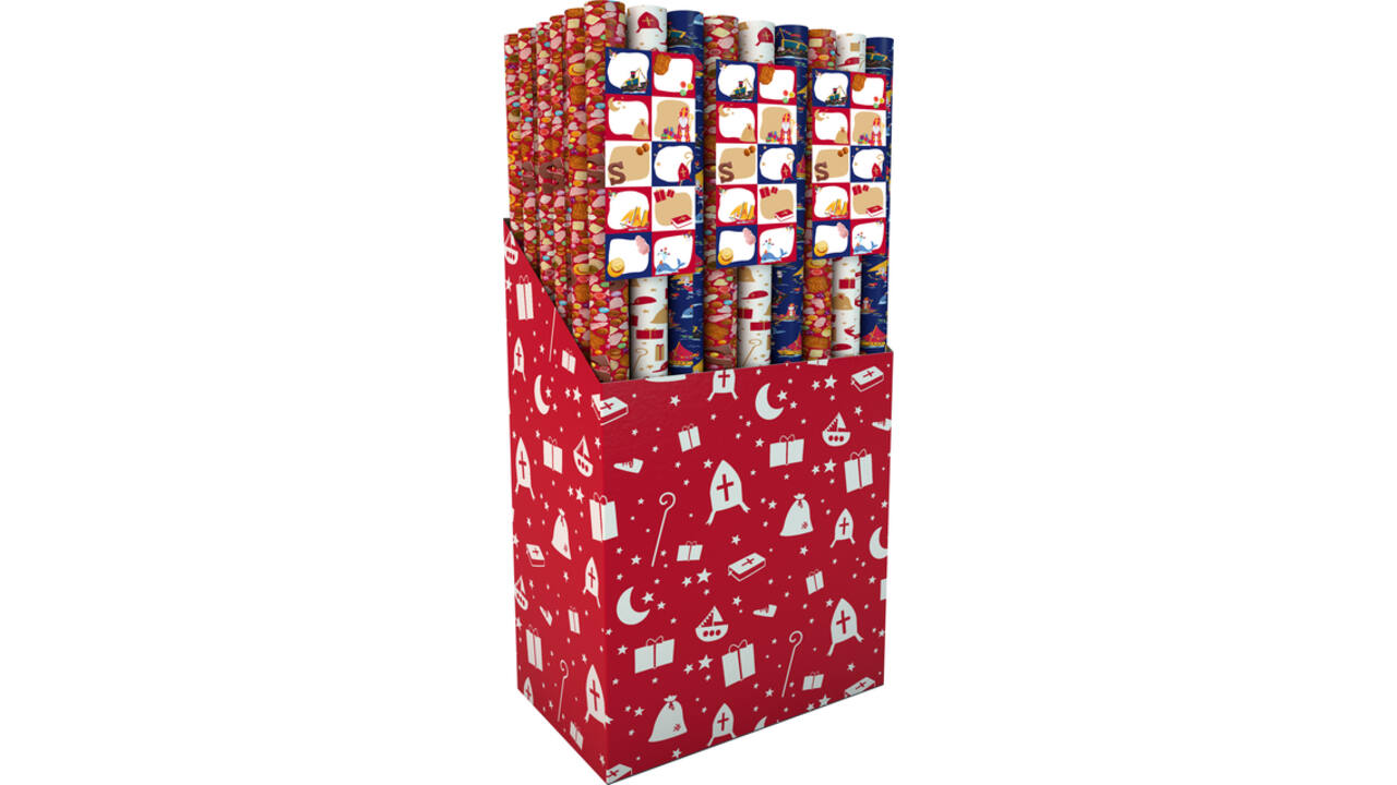 Inpakpapier sint 200x70cm set à 3 rollen + stickervel assorti