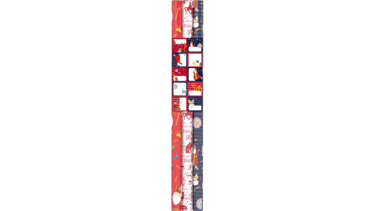 Inpakpapier sint 200x70cm set à 3 rollen + stickervel assorti