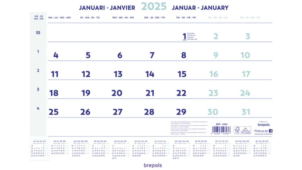 1-Maandskalender 2027 Brepols 43x31.5cm