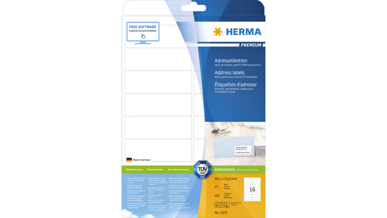 Etiket HERMA 5075 A4 99.1x33.8 mm premium 400stuks wit