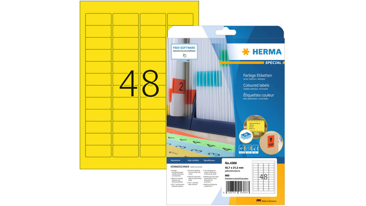Etiket HERMA 4366 A4 45.7x21.2mm verwijderbaar geel