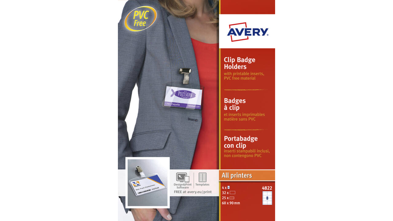 Badge Avery met clip 4822 60x90mm 25 stuks + 32 insteekkaarten