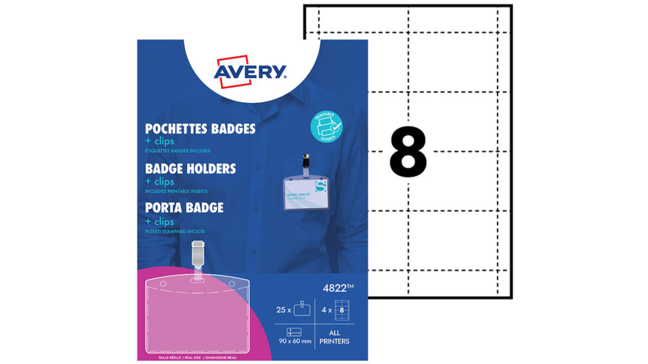 Badge Avery met clip 4822 60x90mm 25 stuks + 32 insteekkaarten