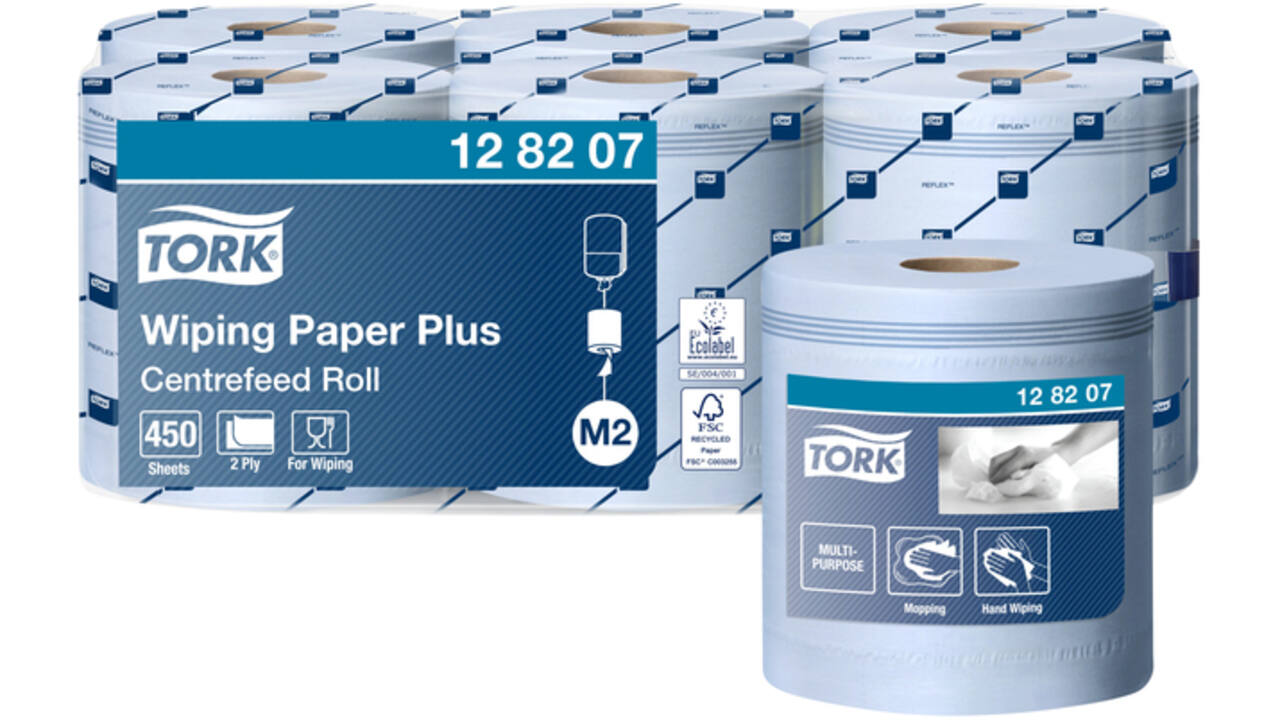 Poetspapier Tork Wiping Plus M2 Centerfeed 2-laags 157m blauw 128207