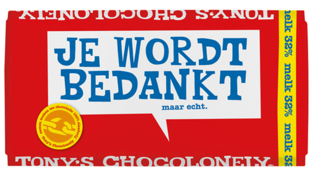 Chocolade Tony's Chocolonely melk bedankt reep 180gr