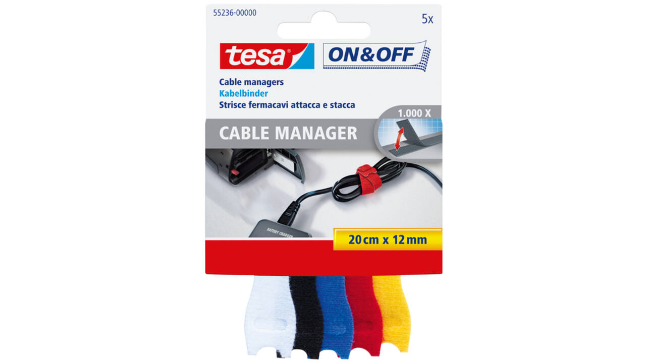 Kabelmanager tesa® On & Off 12mmx20cm diverse kleuren 5 stuks