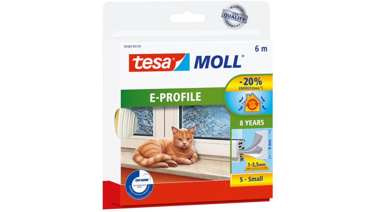 Tochtstrip tesamoll® E-profiel zelfklevend rubber 6mx9mm wit
