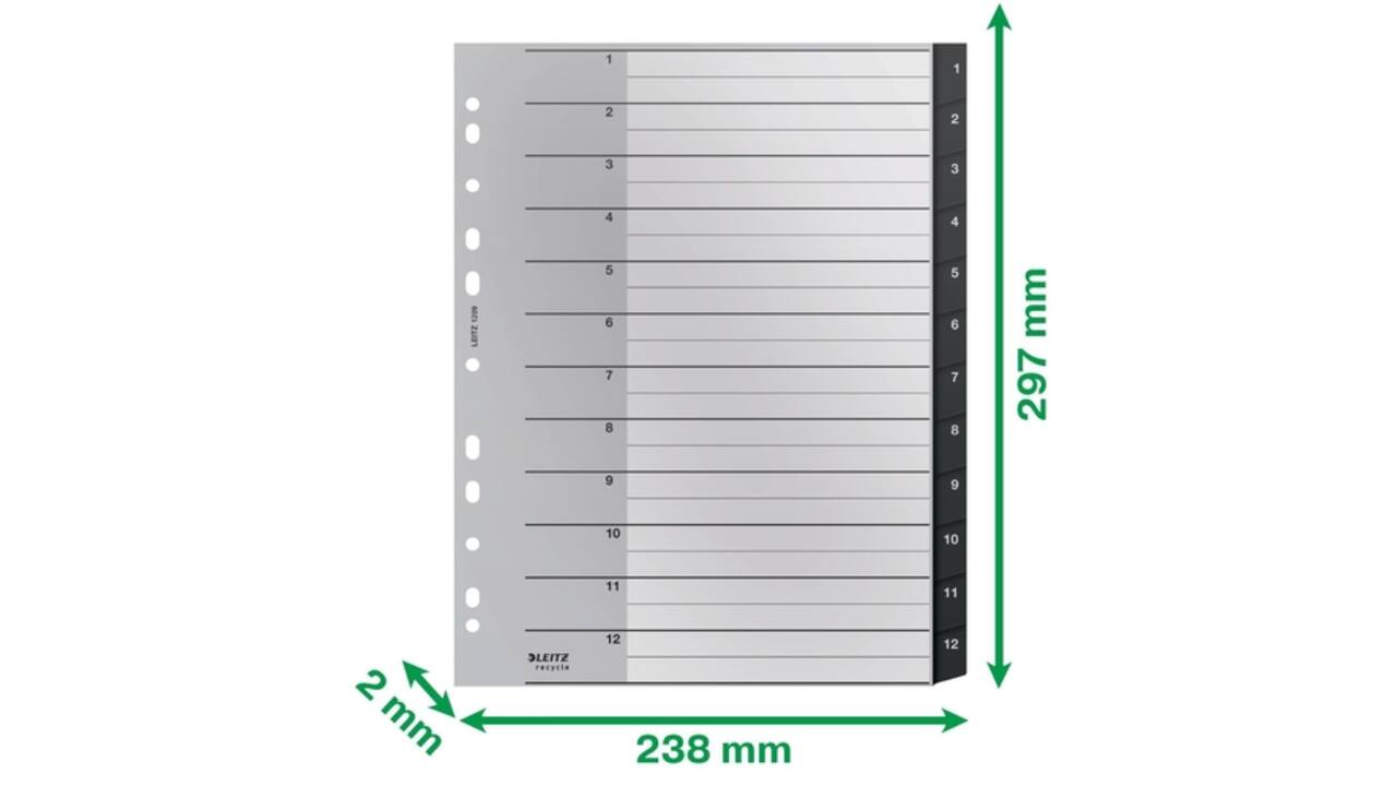 Tabblad Leitz Recycle A4 11-gaats 1-12 extra breed PP