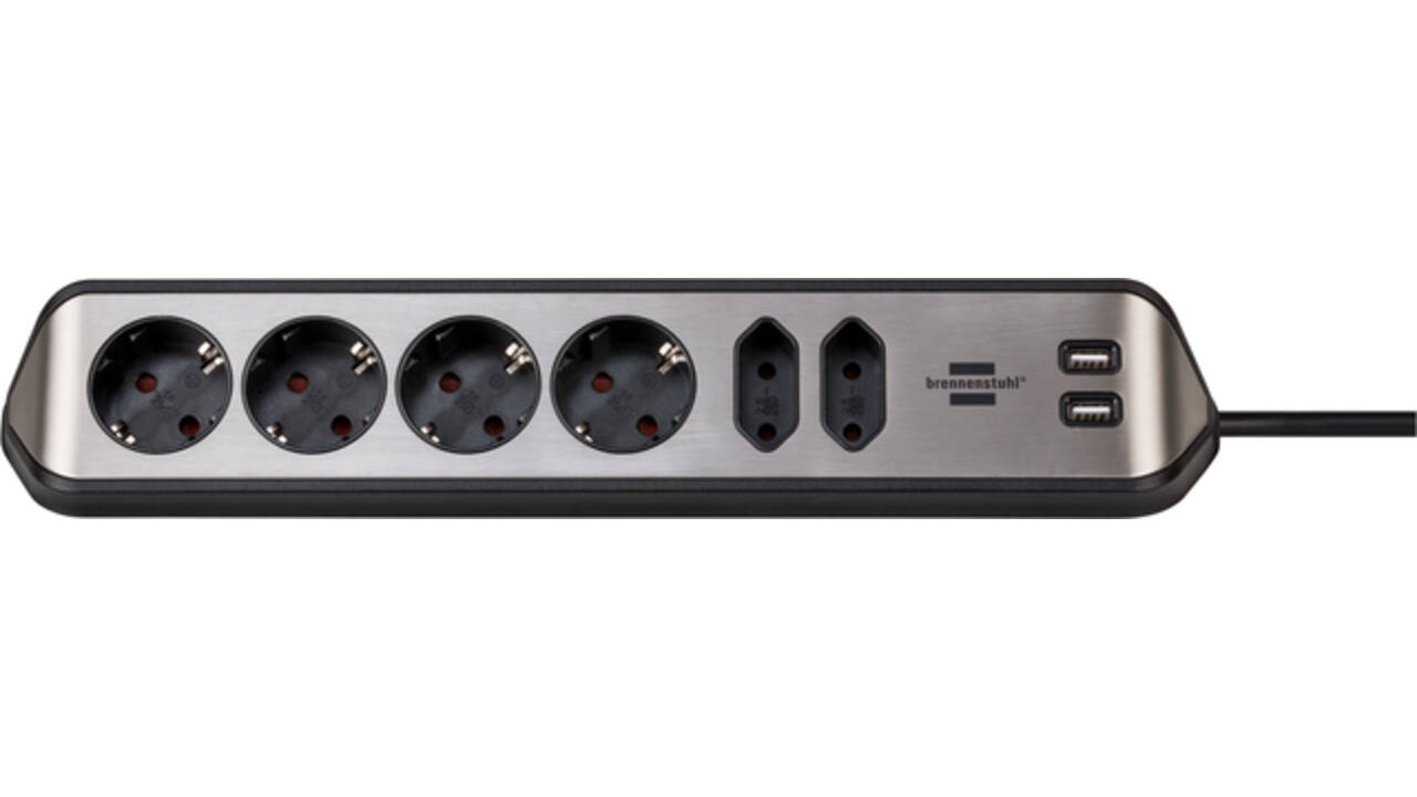 Stekkerdoos Brennenstuhl bureau Estilo 6 voudig inclusief 2 USB 2 meter zwart/zilver