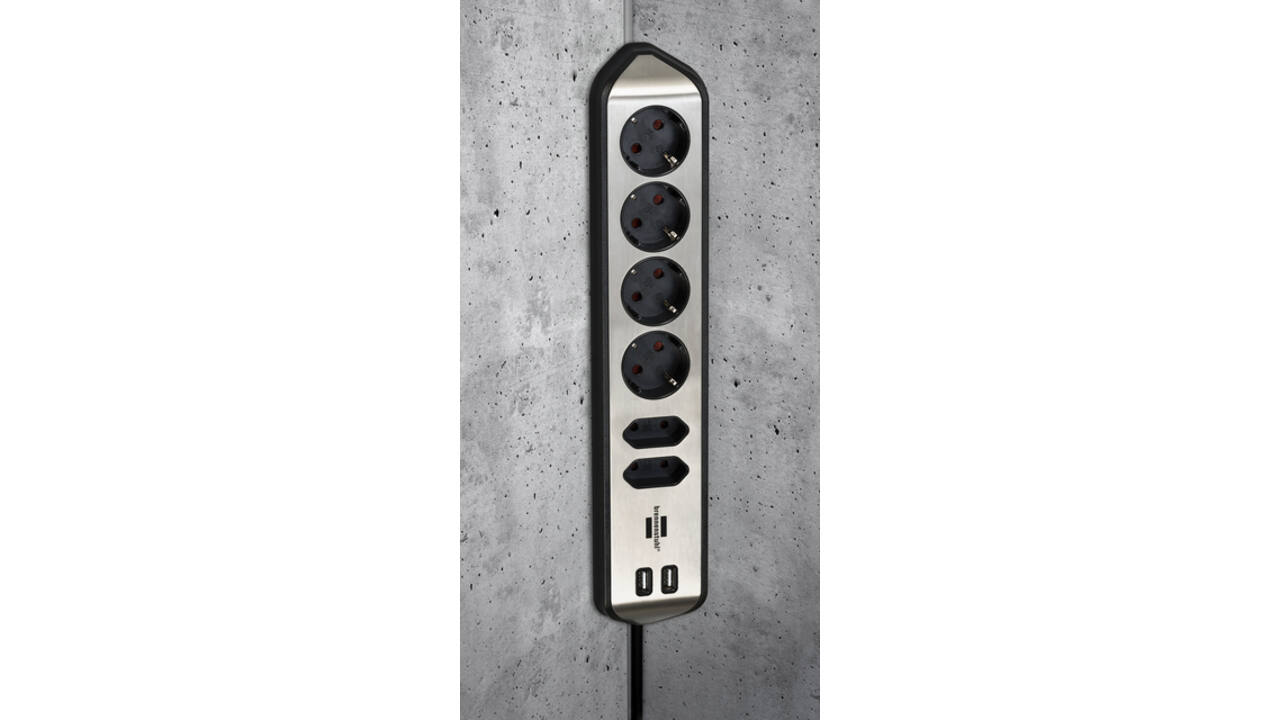 Stekkerdoos Brennenstuhl bureau Estilo 6 voudig inclusief 2 USB 2 meter zwart/zilver
