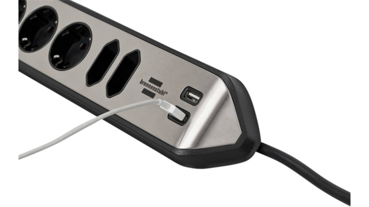 Stekkerdoos Brennenstuhl bureau Estilo 6 voudig inclusief 2 USB 2 meter zwart/zilver