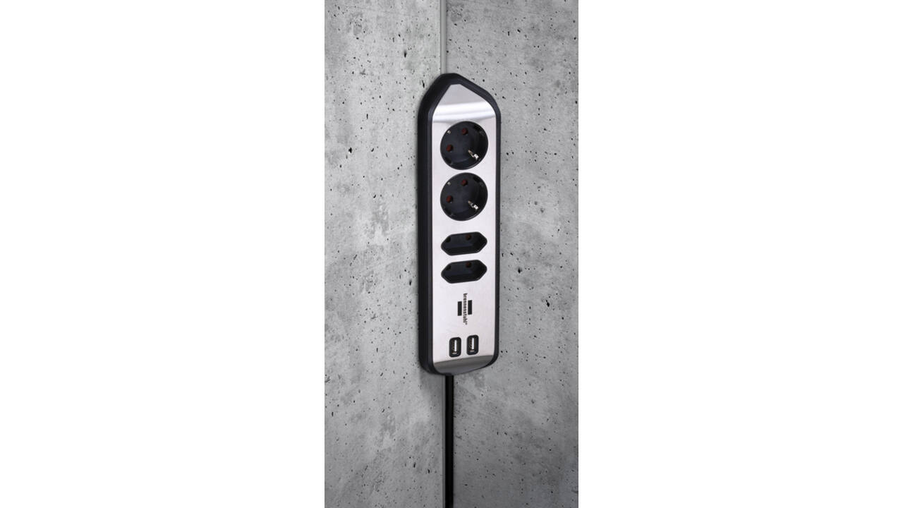 Stekkerdoos Brennenstuhl bureau Estilo 4 voudig inclusief 2 USB 2 meter zwart/zilver