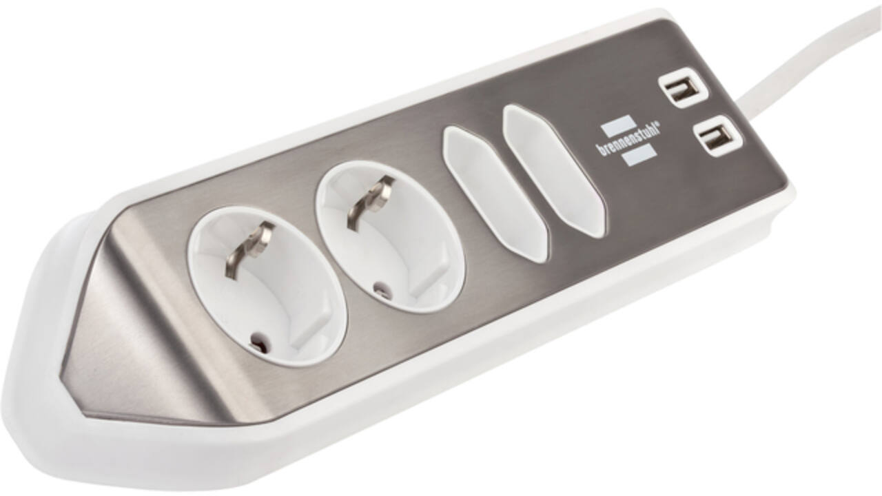 Stekkerdoos Brennenstuhl bureau Estilo 4 voudig inclusief 2 USB 2 meter wit/zilver