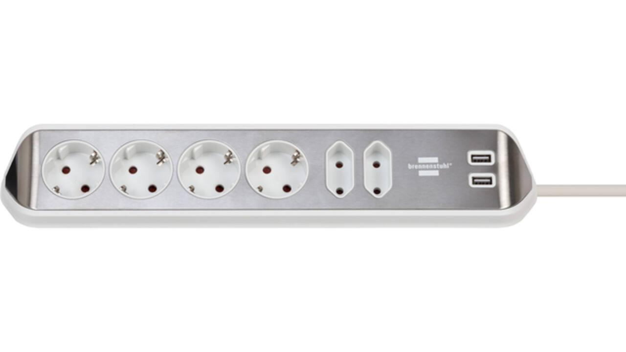 Stekkerdoos Brennenstuhl bureau Estilo 6 voudig inclusief 2 USB 200cm wit/zilver