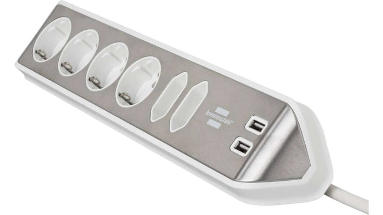 Stekkerdoos Brennenstuhl bureau Estilo 6 voudig inclusief 2 USB 200cm wit/zilver
