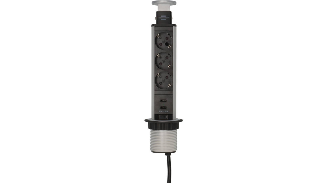 Stekkerdoos Brennenstuhl toren 3 voudig inclusief 2 USB 2 meter zwart/zilver