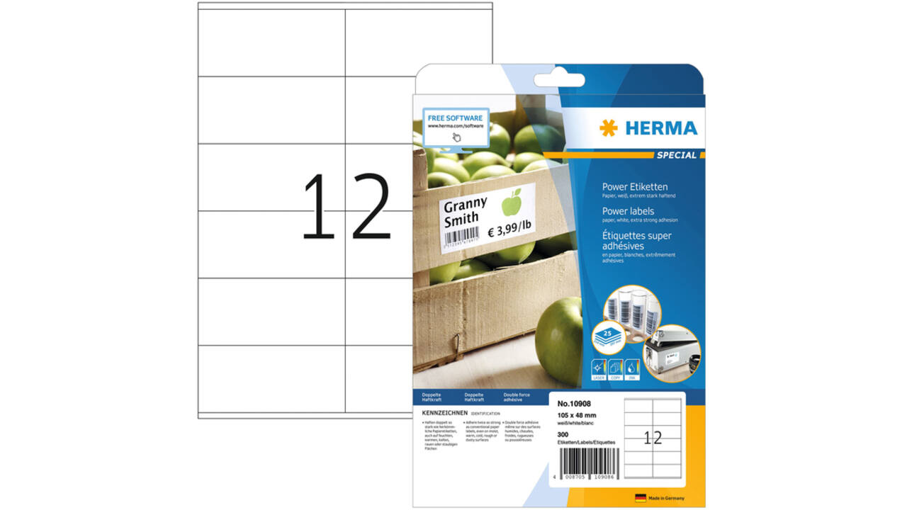 Etiket HERMA Power 10908 105x48mm wit 300stuks