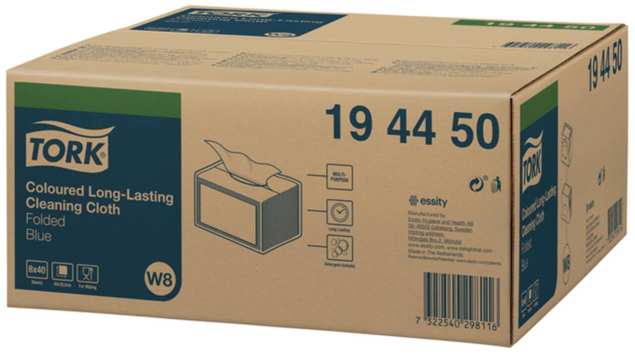 Reinigingsdoek Tork Long Lasting W8 multifunctioneel gevouwen blauw 194450