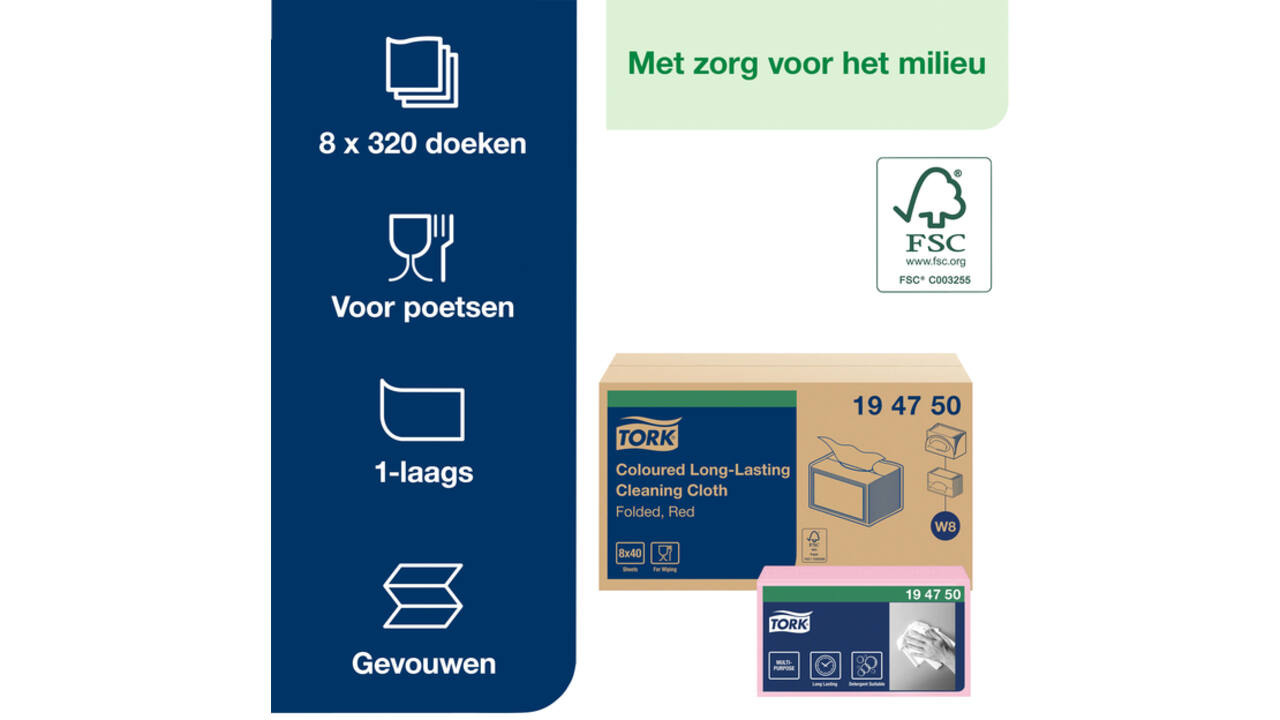 Reiningingsdoek Tork Long Lasting W8 multifunctioneel rood 194750