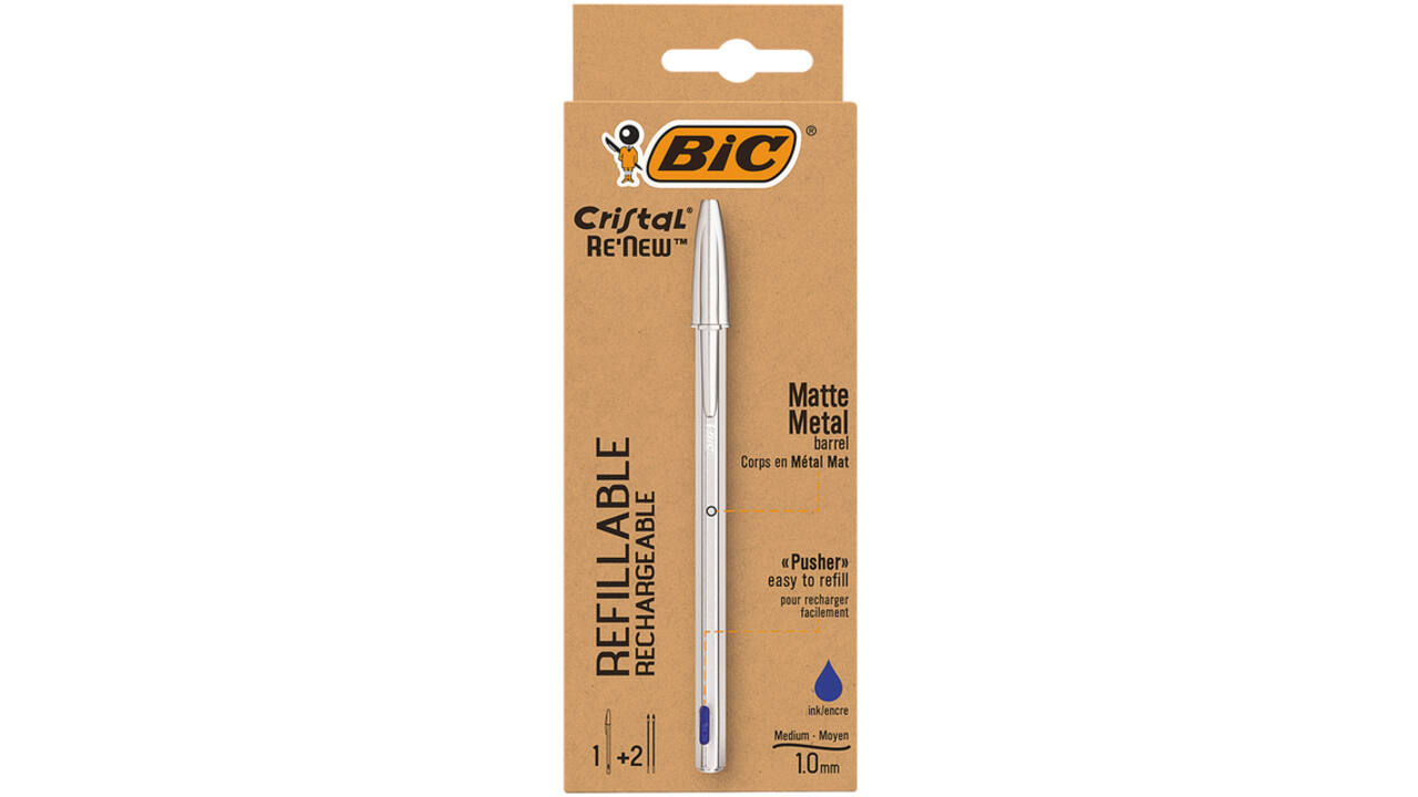 Balpen Bic Cristal Re-new medium blauw blister à 1 balpen + 2 vullingen