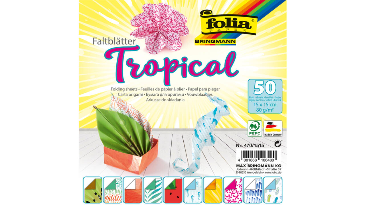 Vouwblaadjes Folia 80gr 15x15cm 50 vel 2-zijdig 10 tropical designs