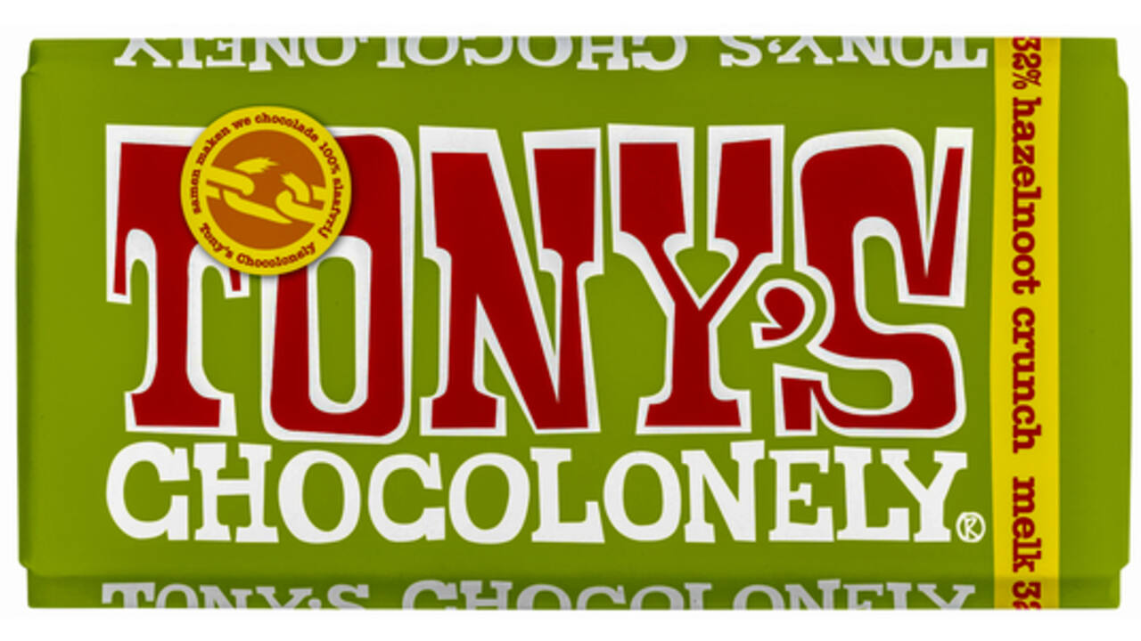Chocolade Tony's Chocolonely melk hazelnoot crunch reep 180gr
