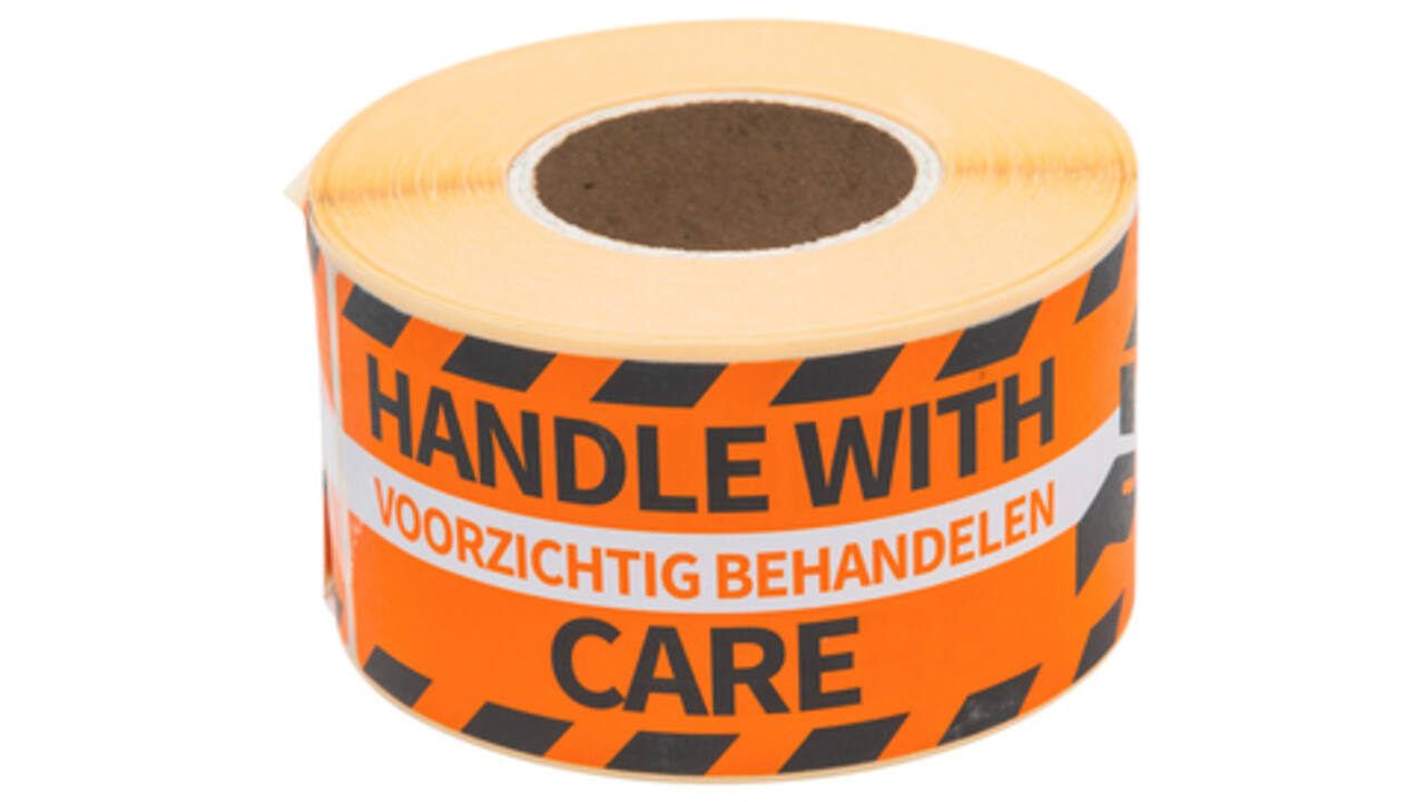 Waarschuwingsetiket Rillprint handle with care 46x125mm oranje