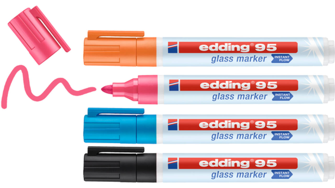 Viltstift edding 95 glasbord rond 1.5-3mm inclusief zwart assorti set à 4 stuks