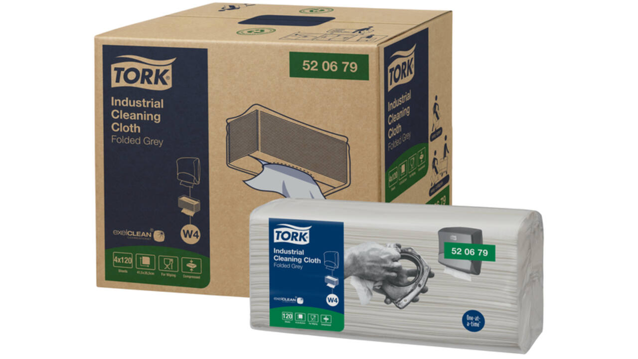 Reinigingsdoek Tork Industrial W4 gevouwen flexibel en zacht 120 vel grijs 520679