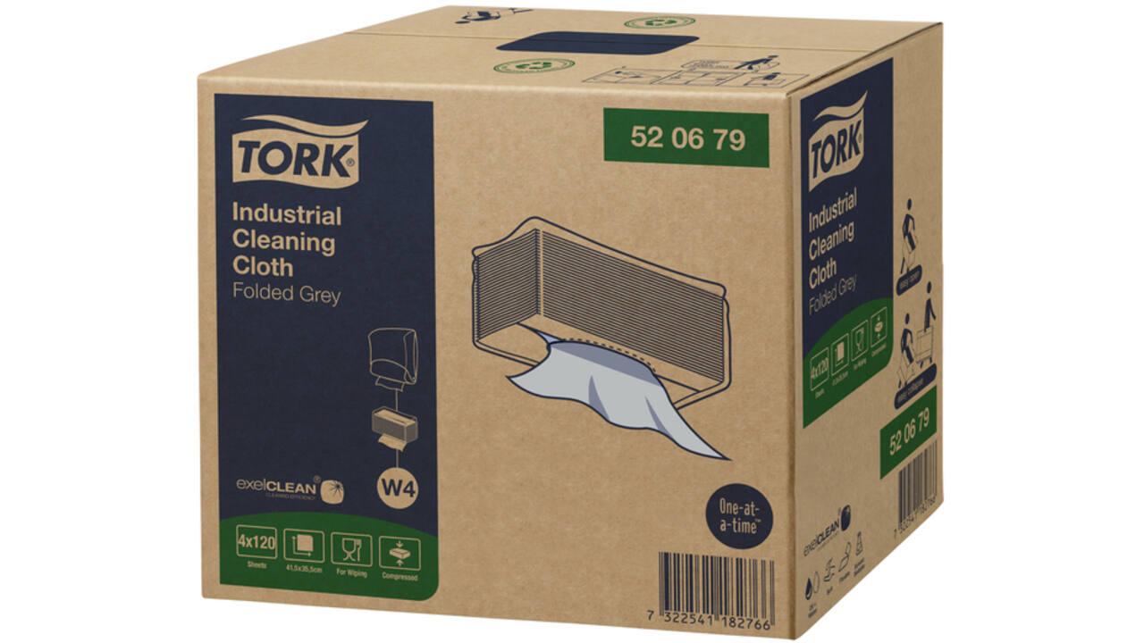 Reinigingsdoek Tork Industrial W4 gevouwen flexibel en zacht 120 vel grijs 520679