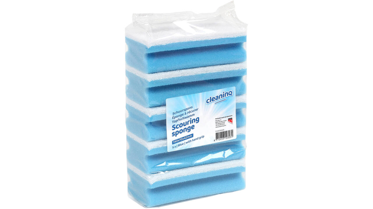 Schuurspons Cleaninq met greep 140x70x42mm blauw/wit 5 stuks