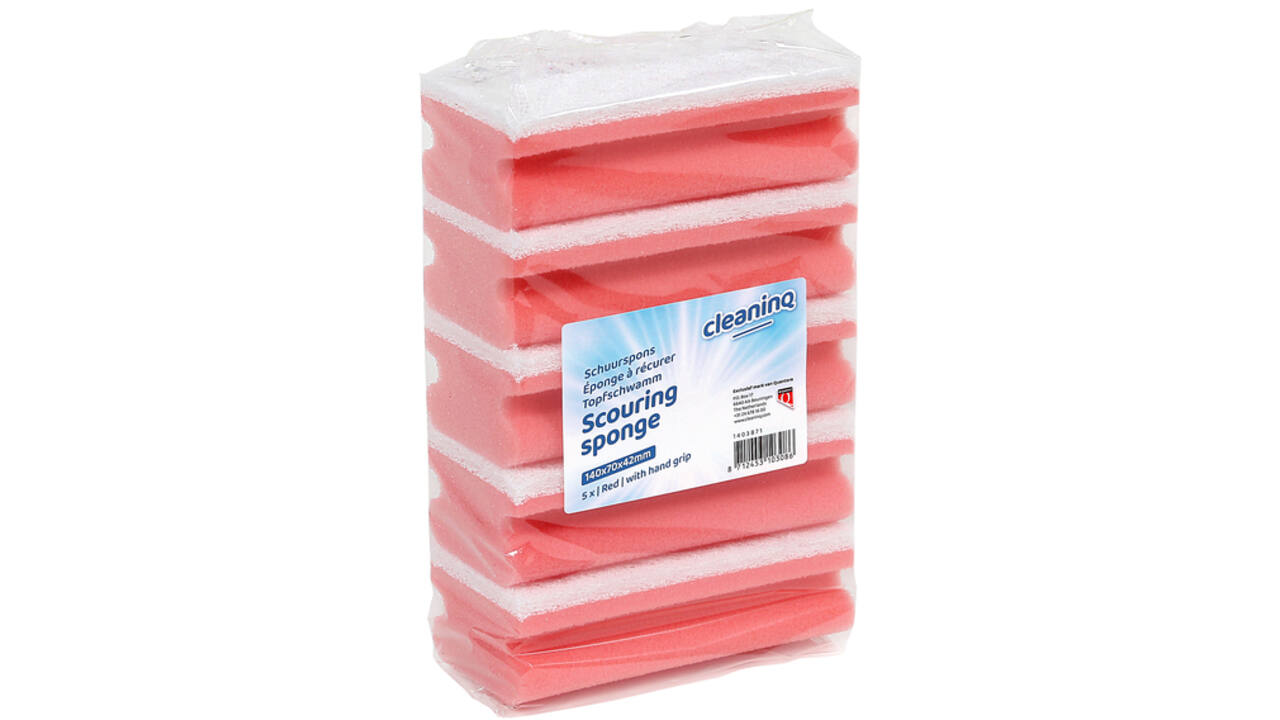 Schuurspons Cleaninq met greep 140x70x42mm rood/wit 5 stuks