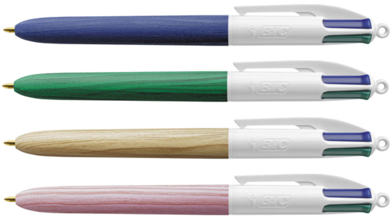 Balpen Bic 4 kleuren wood medium assorti