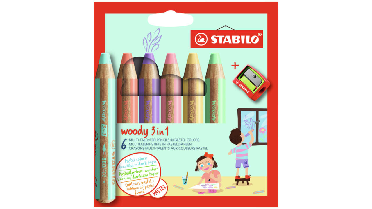 Kleurpotloden STABILO 880 woody inclusief puntenslijper pastel assorti etui à 6 stuks