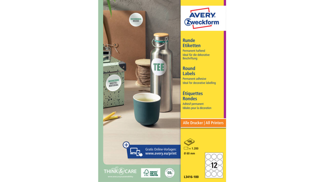Etiket Avery Zweckform L3416 rond 60mm wit 1200stuks