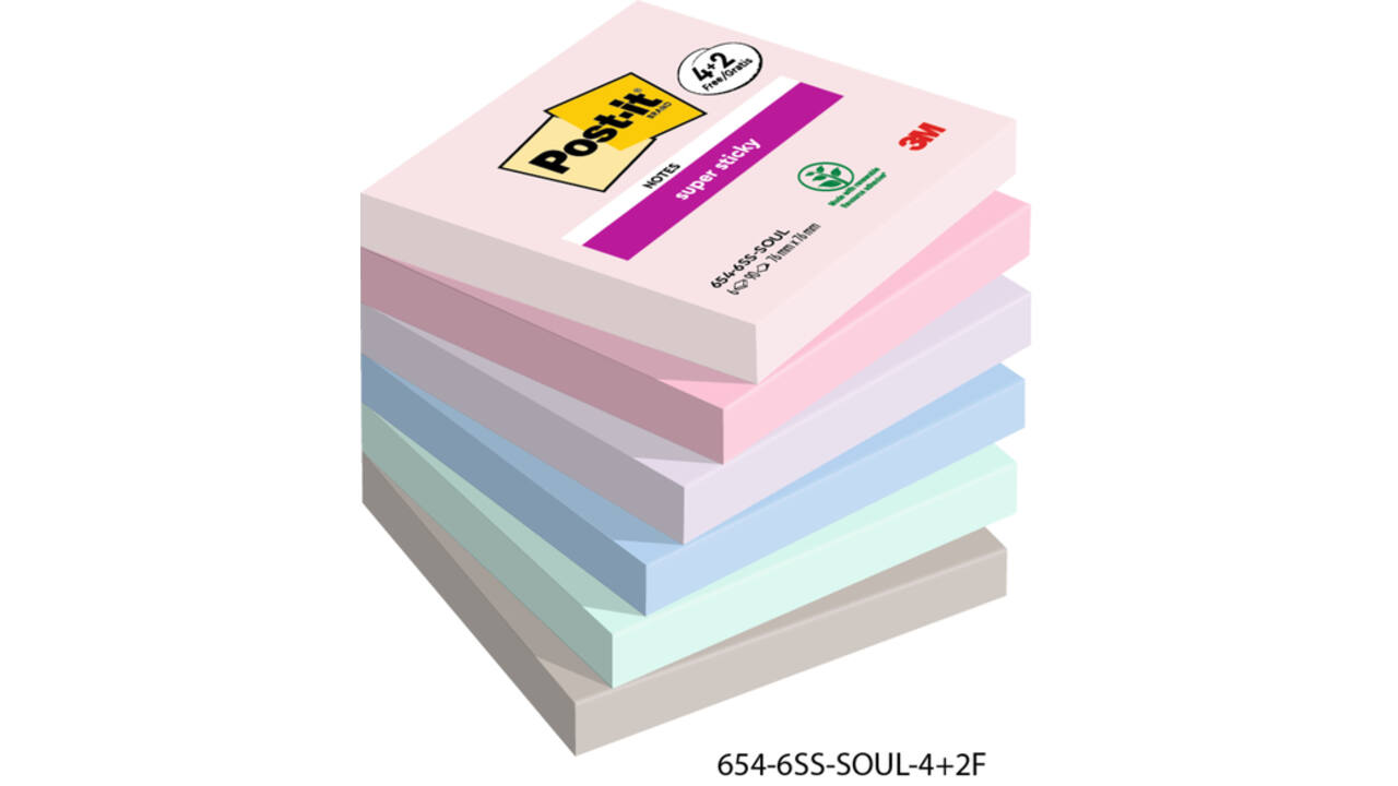 Memoblok Post-it 654 Super Sticky 76x76mm 4+2 gratis Soulful