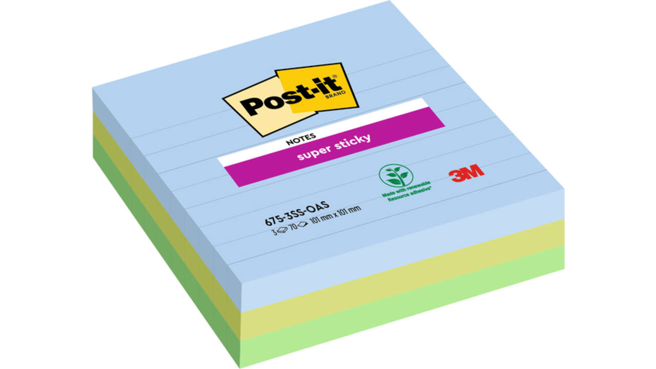 Memoblok Post-it 675-3 Super Sticky 101x101mm Oasis